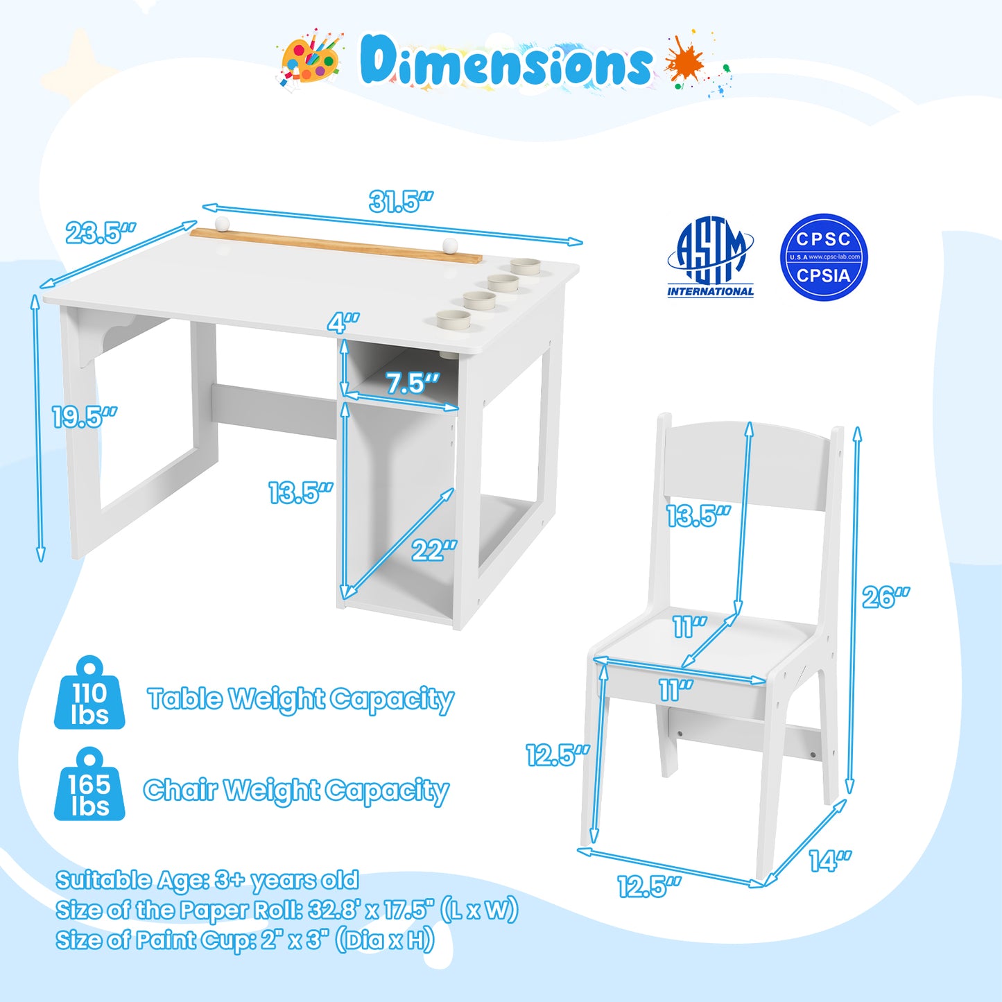 Kids Art Table and Chair Set with Paper Roll and Storage