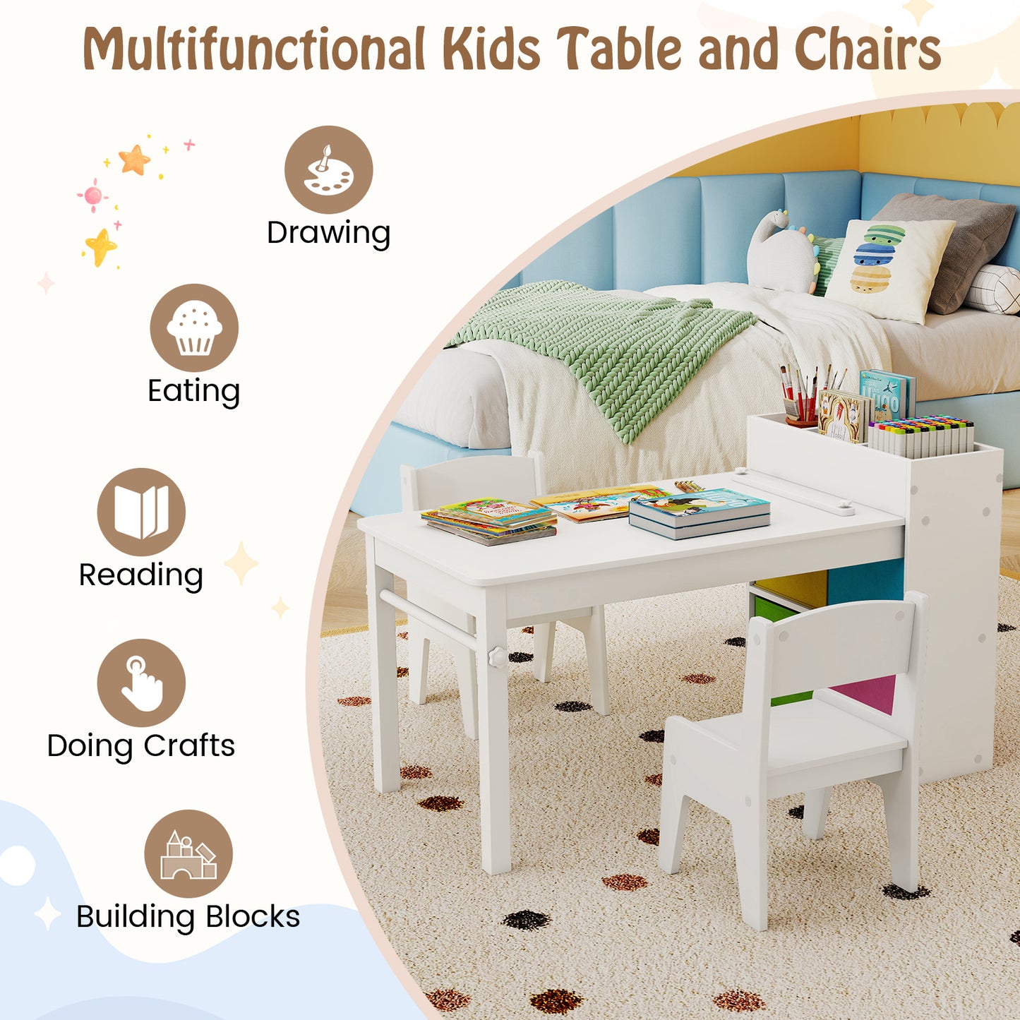 Kids Art Table and Chair Set with Paper Roll and Storage