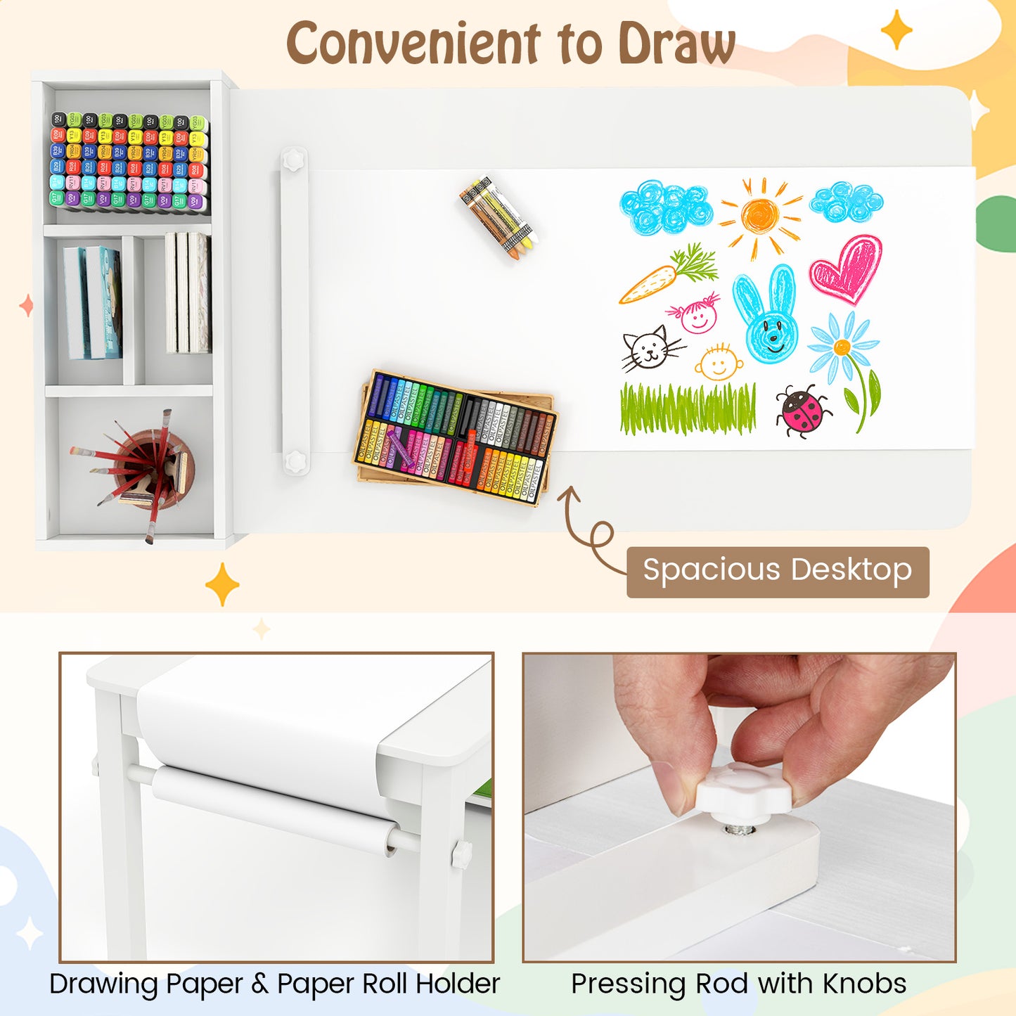 Kids Art Table and Chair Set with Paper Roll and Storage