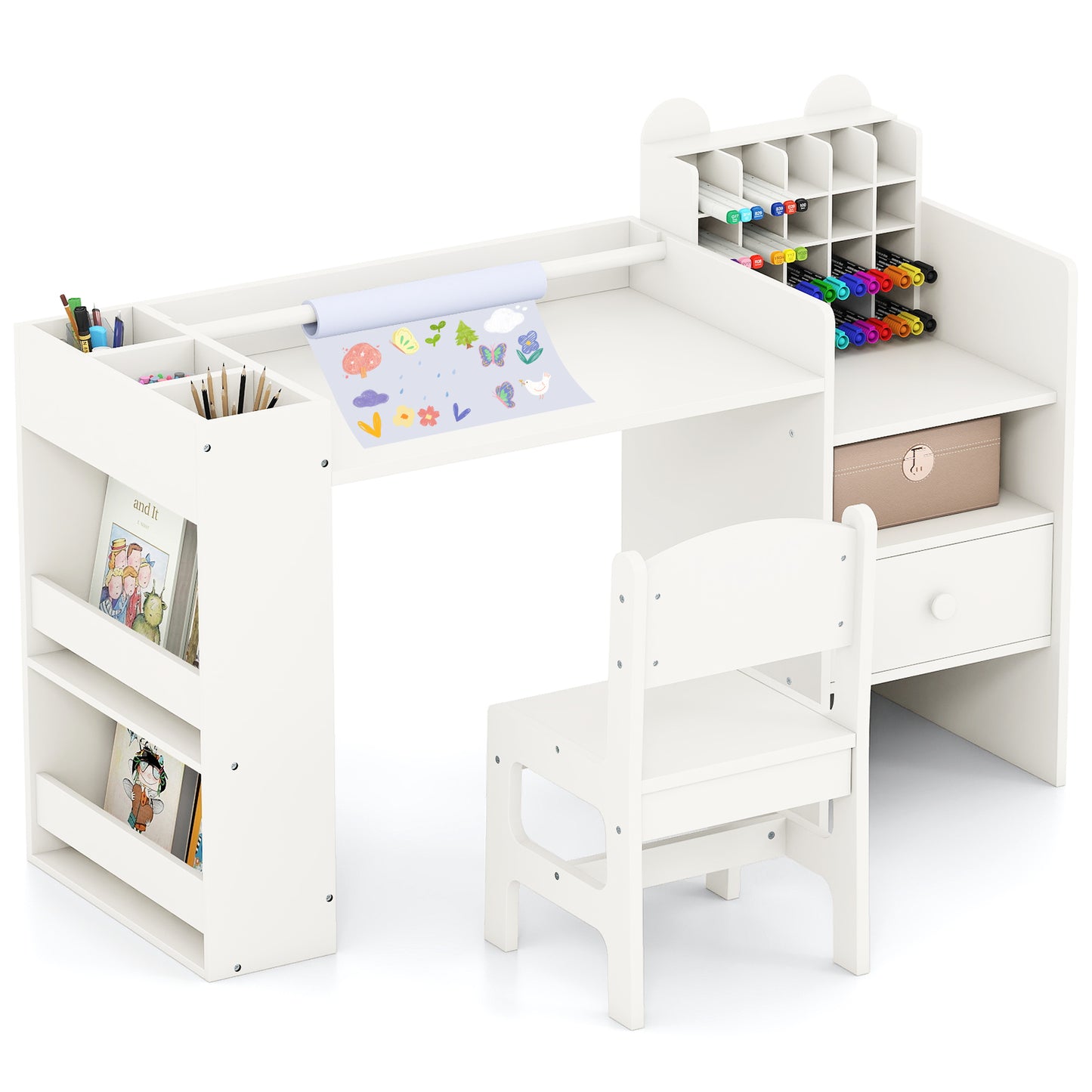 Kids Art Table and Chair Set with Paper Roll Holder