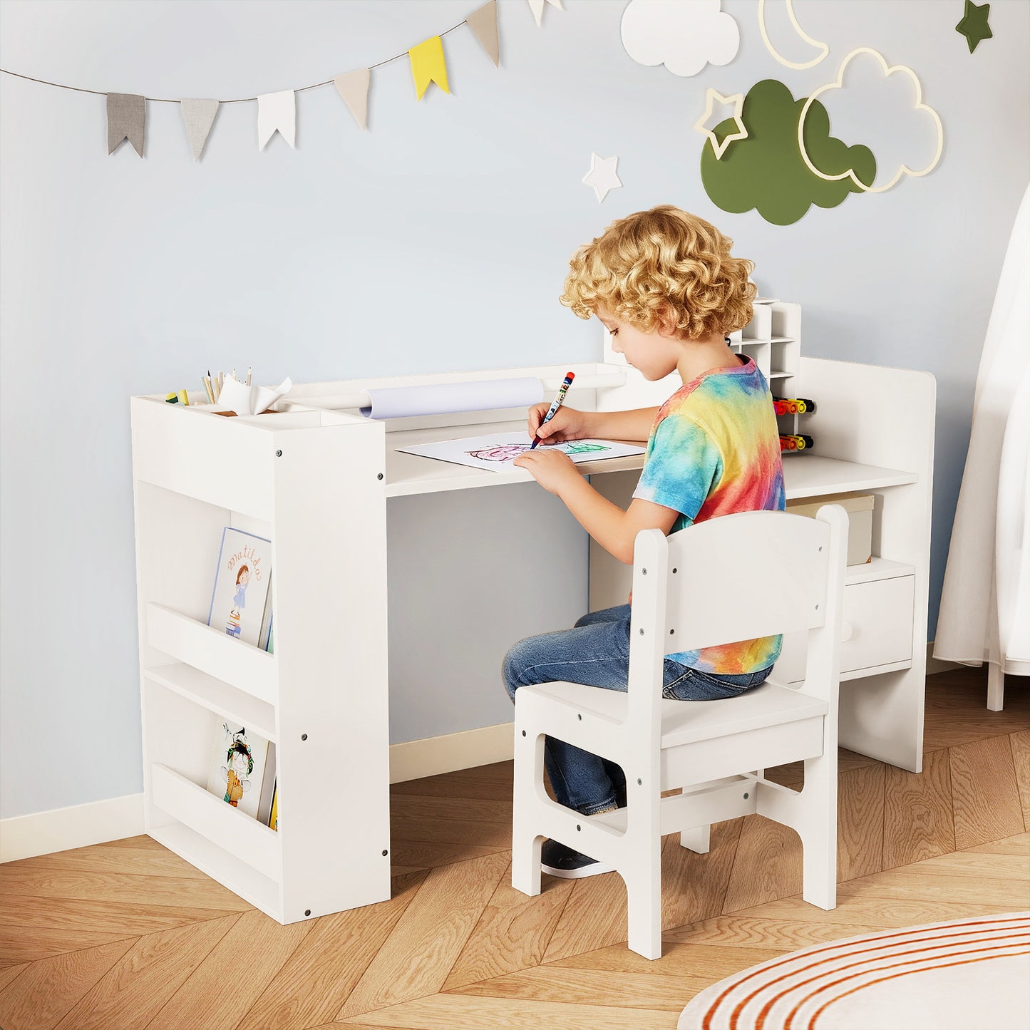 Kids Art Table and Chair Set with Paper Roll Holder