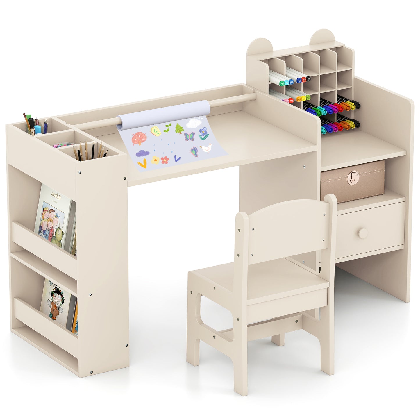 Kids Art Table and Chair Set with Paper Roll Holder