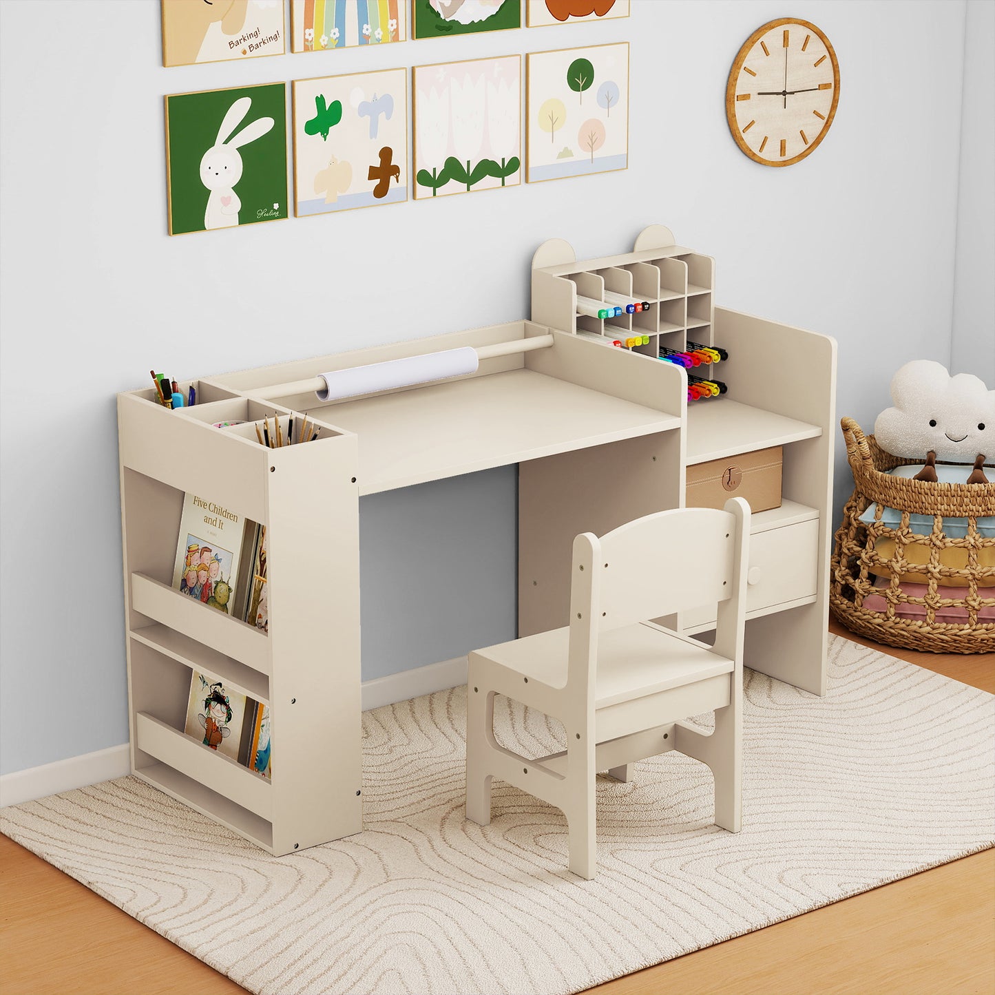 Kids Art Table and Chair Set with Paper Roll Holder