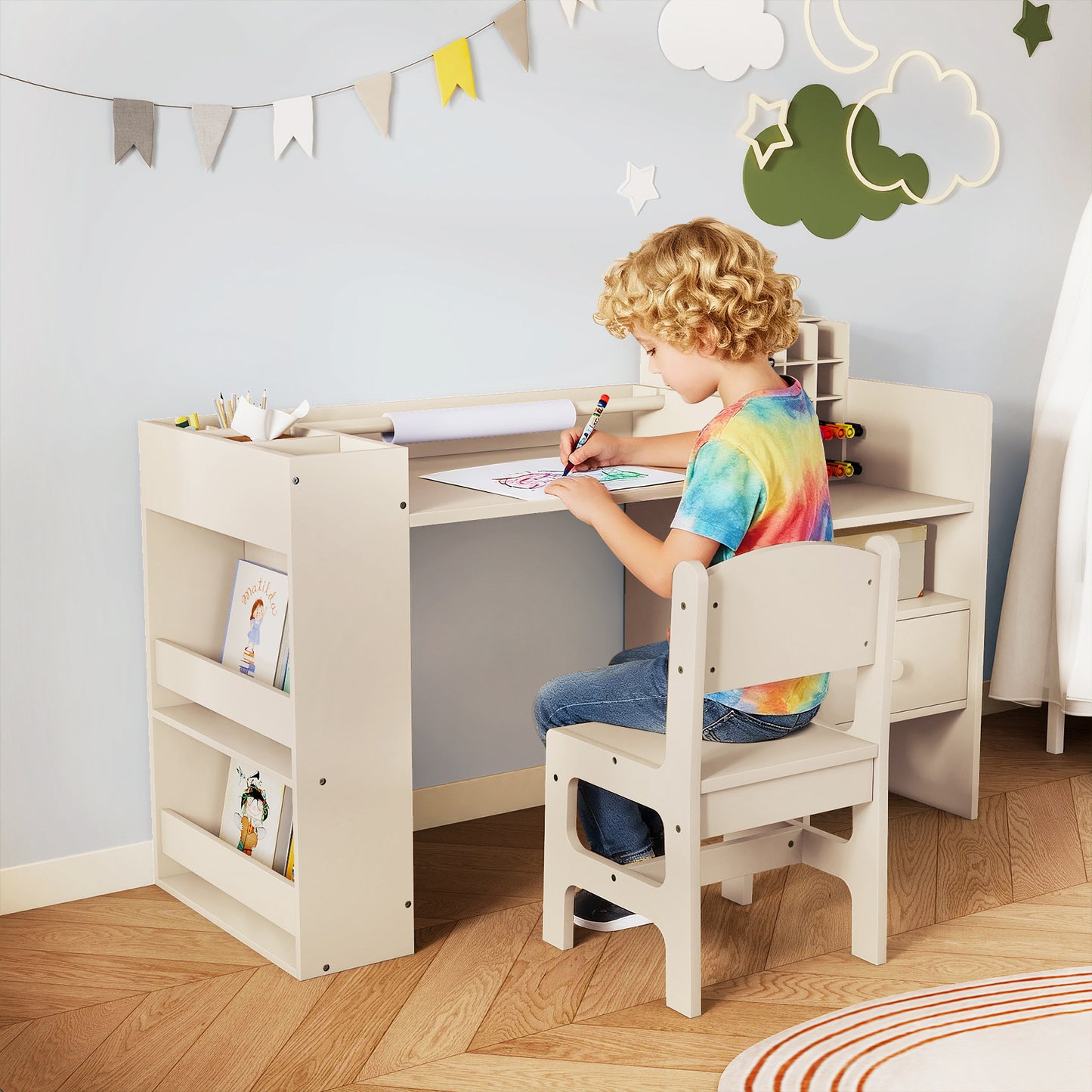 Kids Art Table and Chair Set with Paper Roll Holder