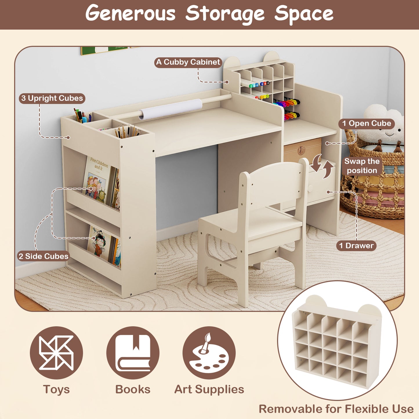 Kids Art Table and Chair Set with Paper Roll Holder