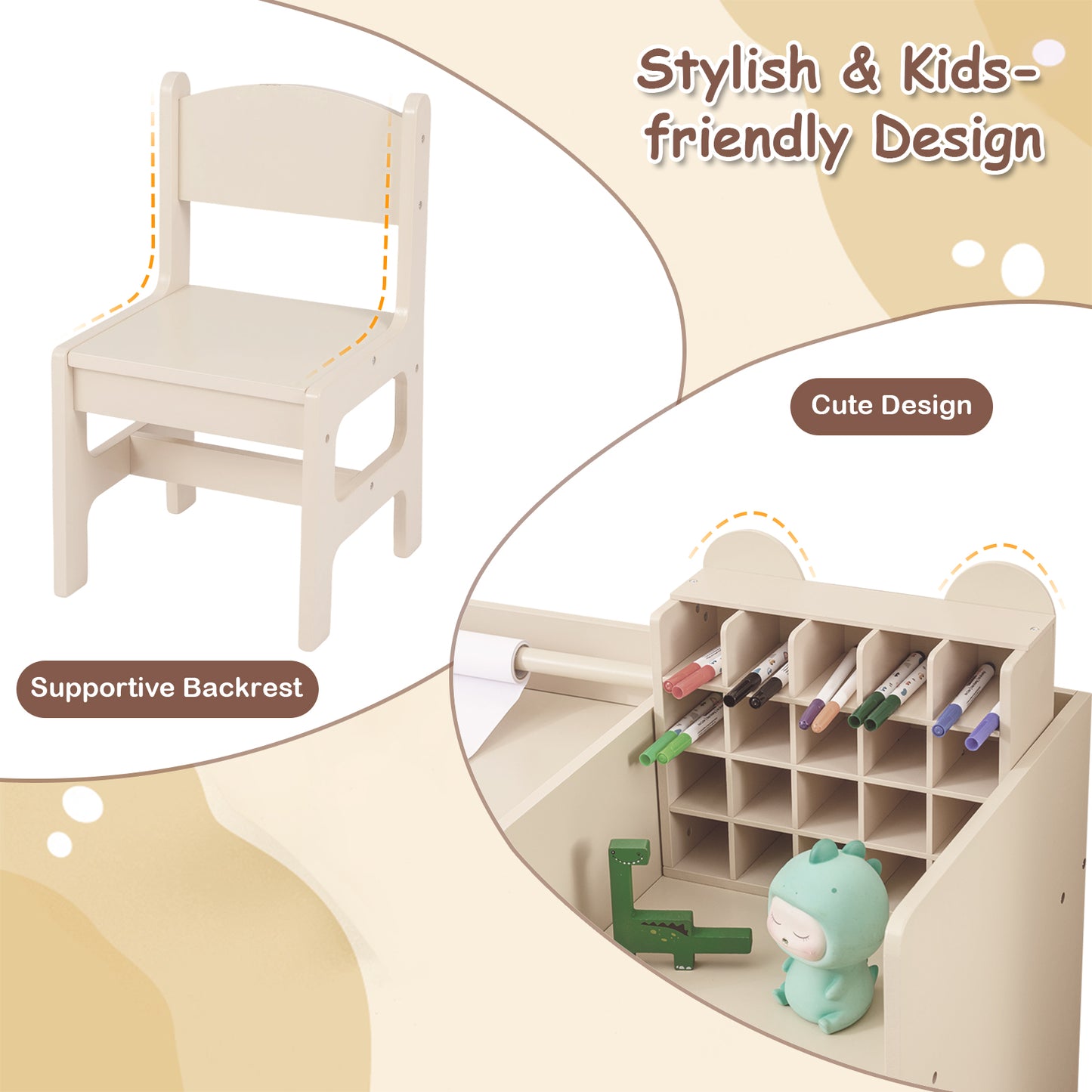 Kids Art Table and Chair Set with Paper Roll Holder