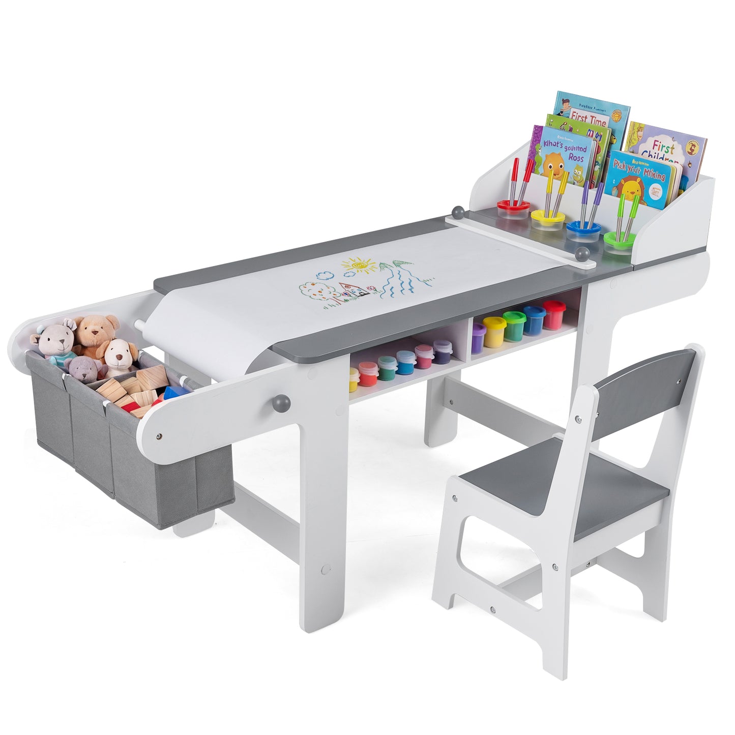 Kids Art Table and Chair Set with Paper Roll and Storage Bins