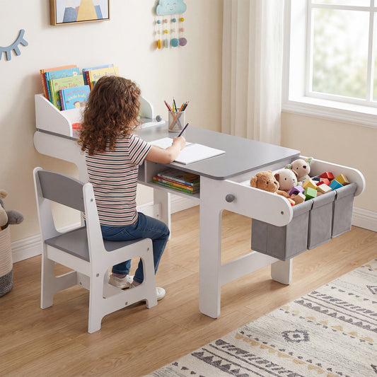 Kids Art Table and Chair Set with Paper Roll and Storage Bins