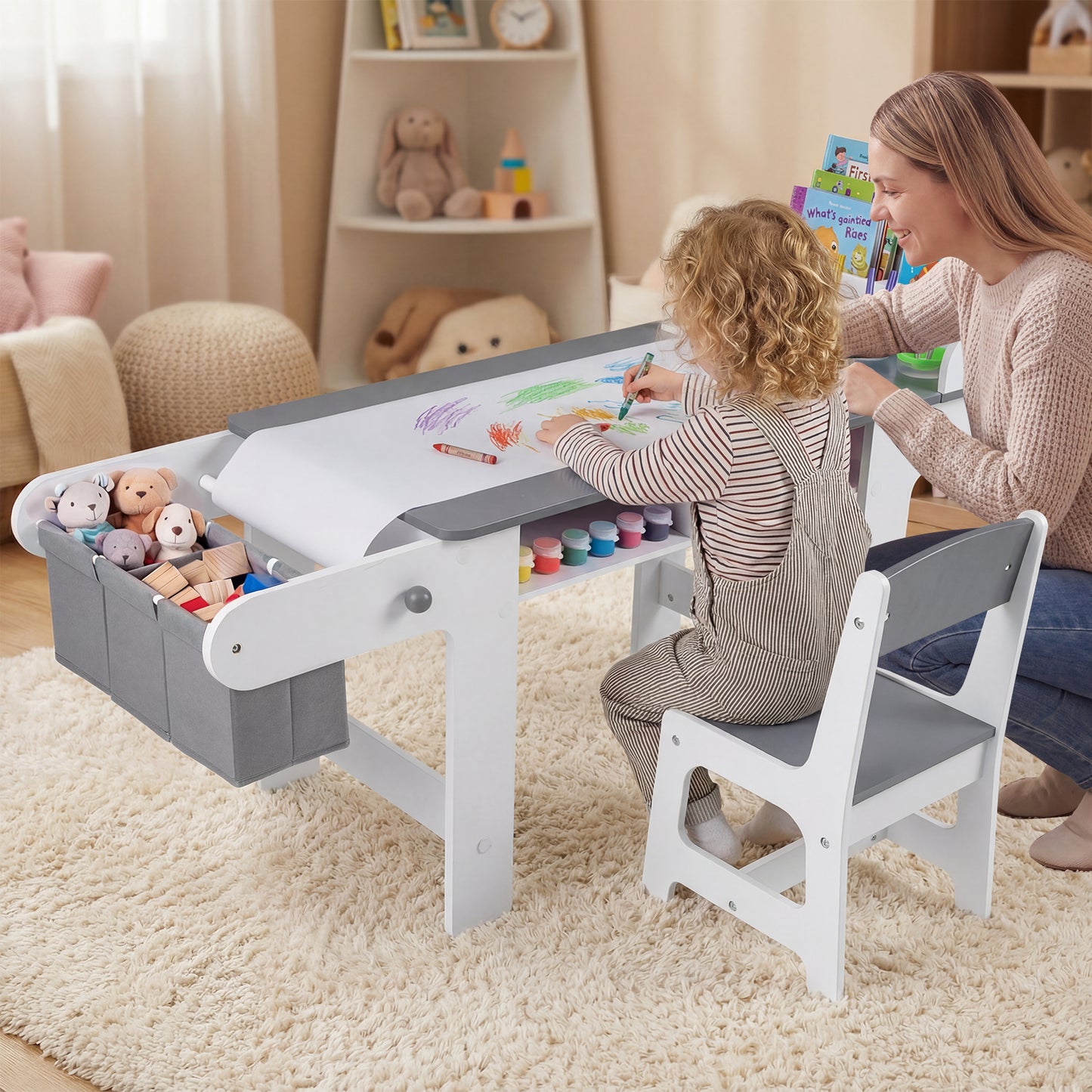 Kids Art Table and Chair Set with Paper Roll and Storage Bins