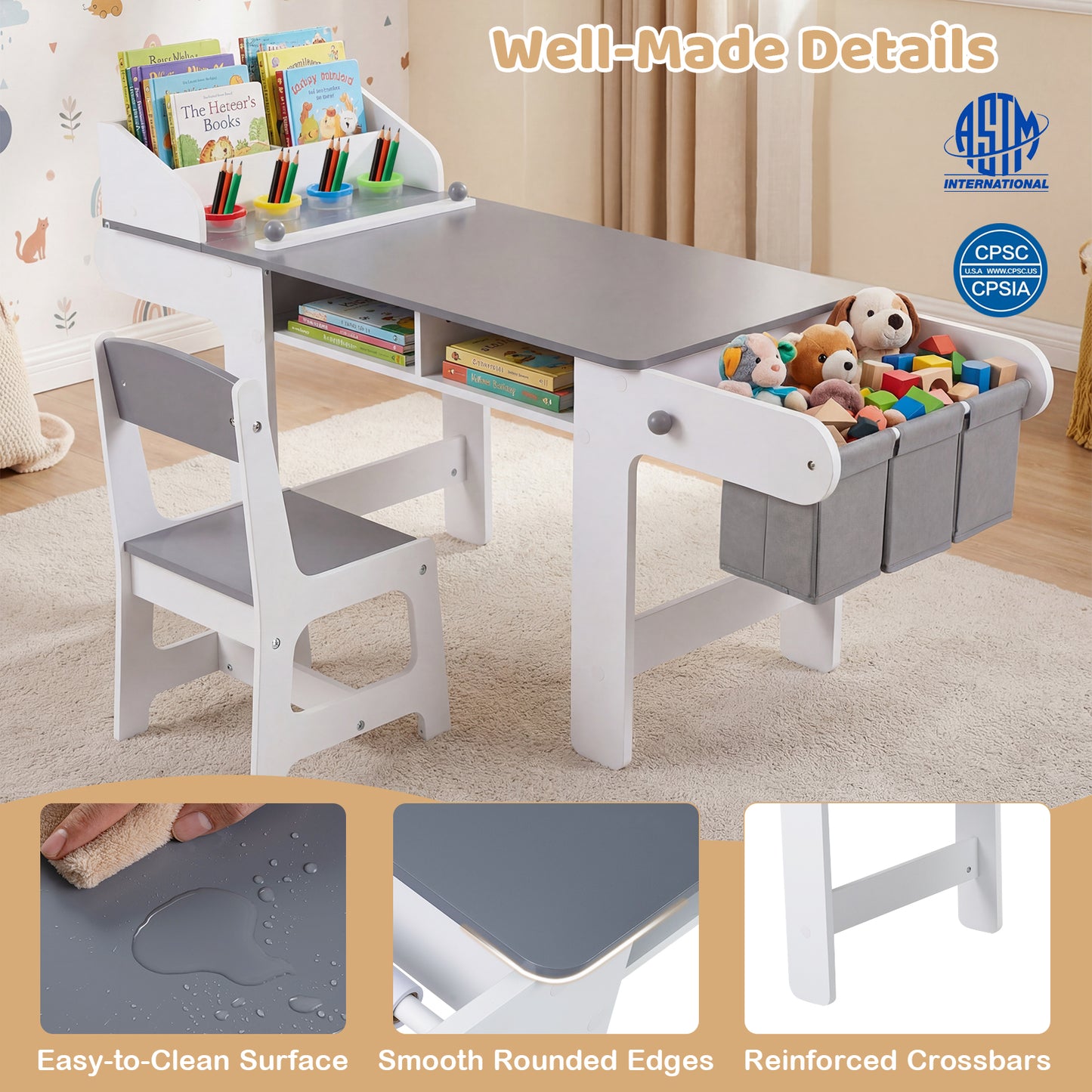 Kids Art Table and Chair Set with Paper Roll and Storage Bins
