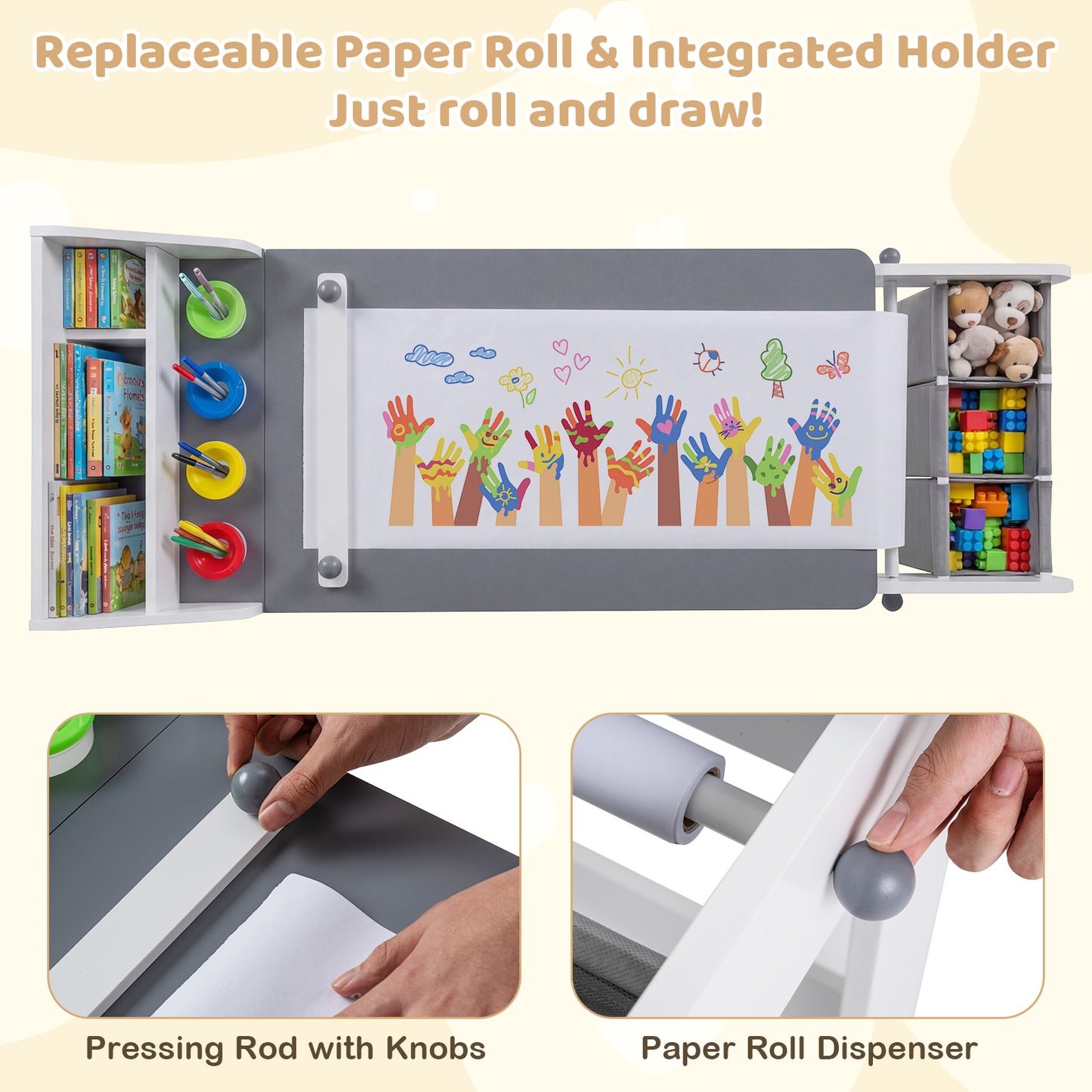 Kids Art Table and Chair Set with Paper Roll and Storage Bins