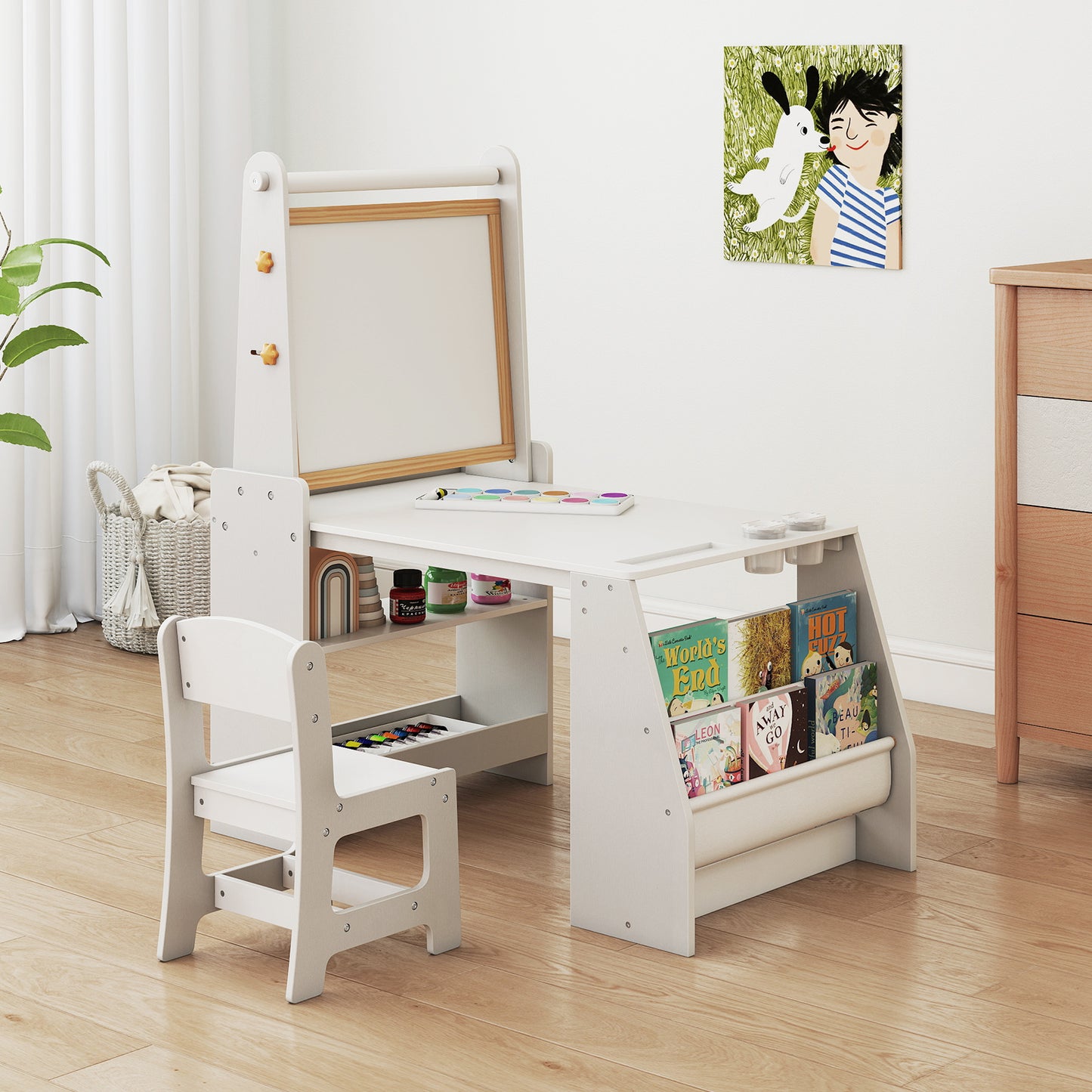 Kids Art Table and Chair Set with Easel and Storage