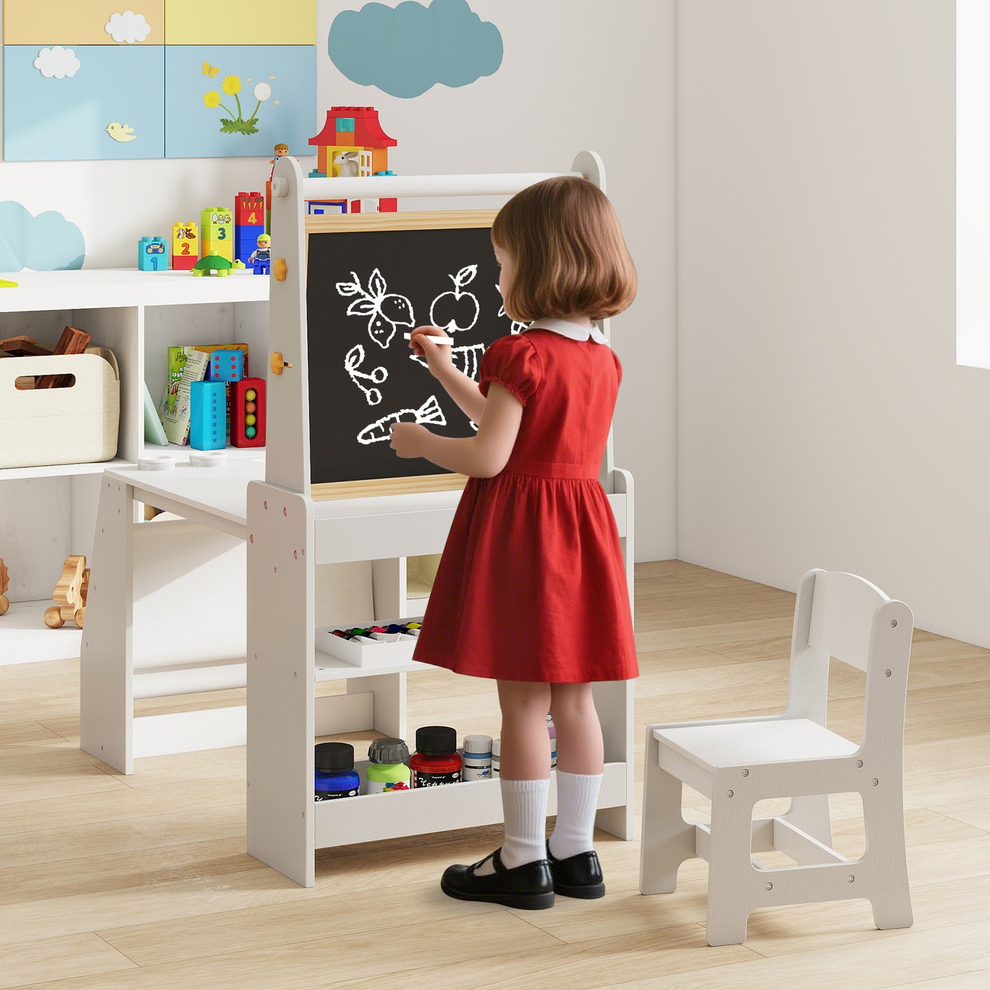 Kids Art Table and Chair Set with Easel and Storage