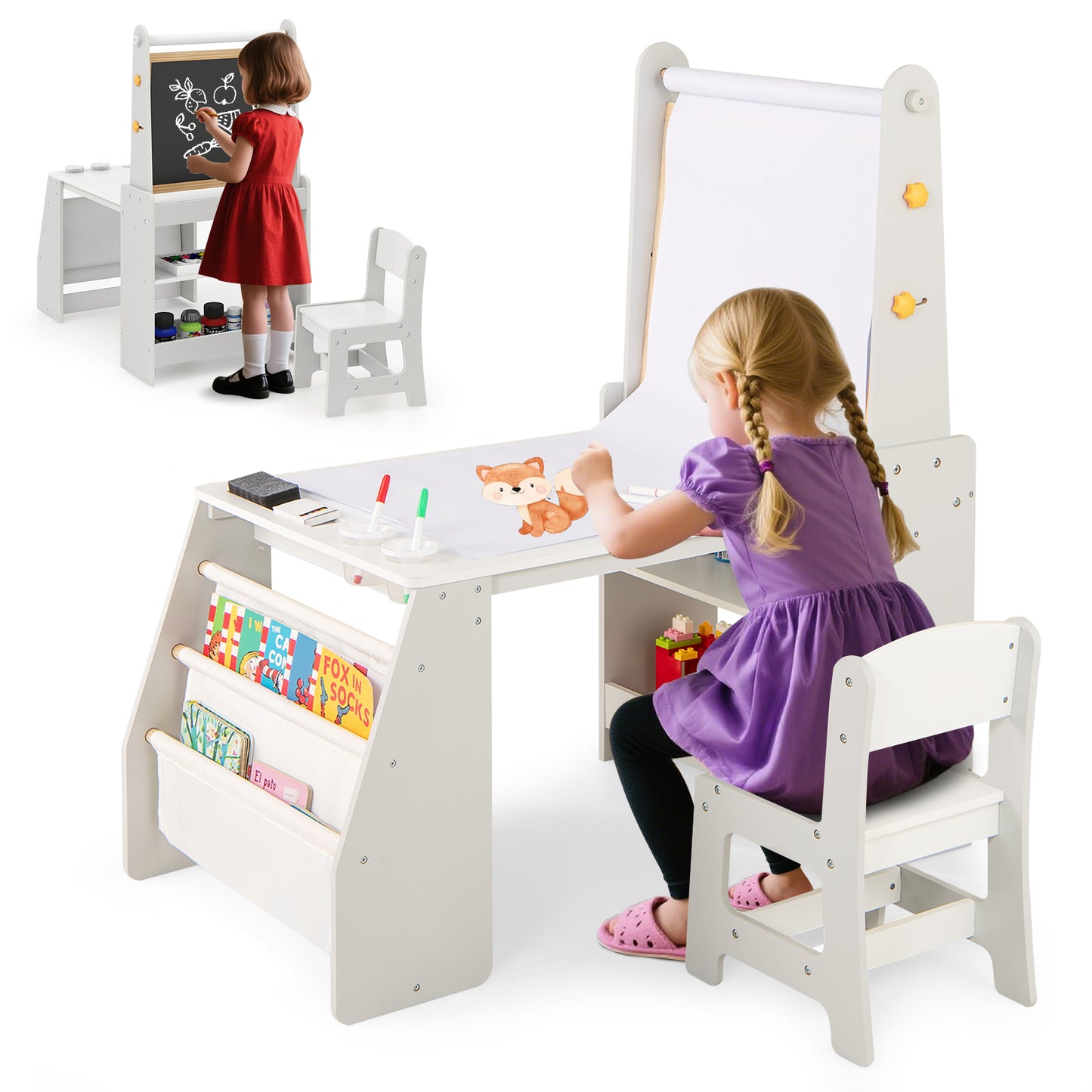 Kids Art Table and Chair Set with Easel and Storage