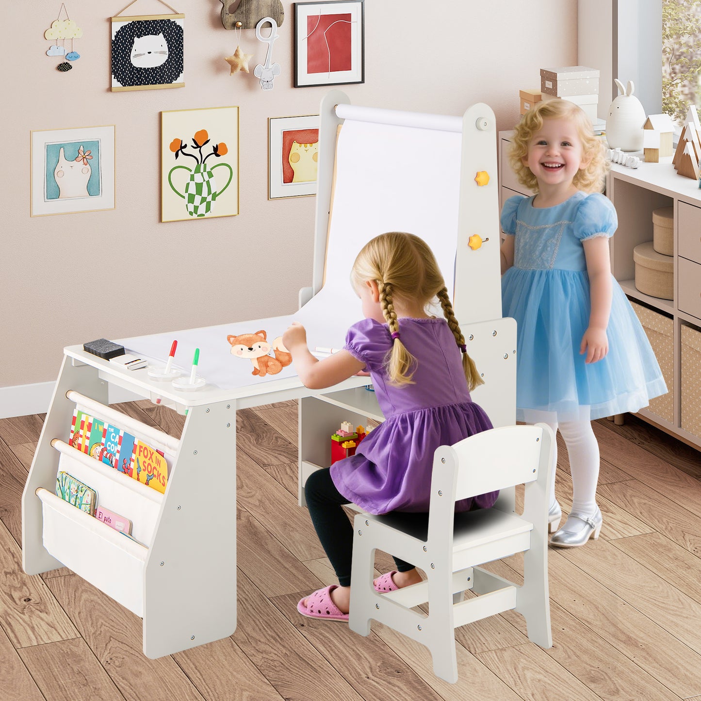 Kids Art Table and Chair Set with Easel and Storage