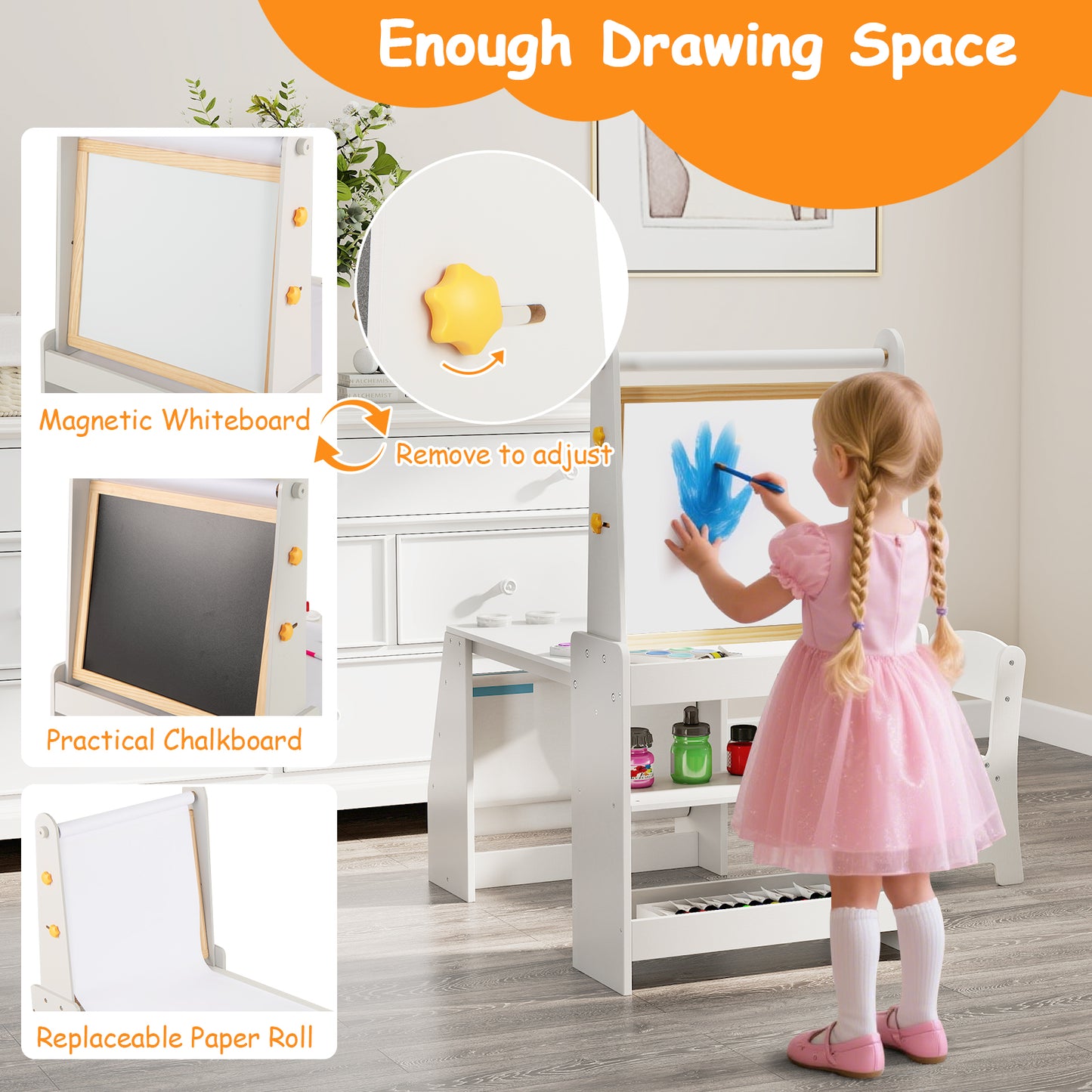 Kids Art Table and Chair Set with Easel and Storage