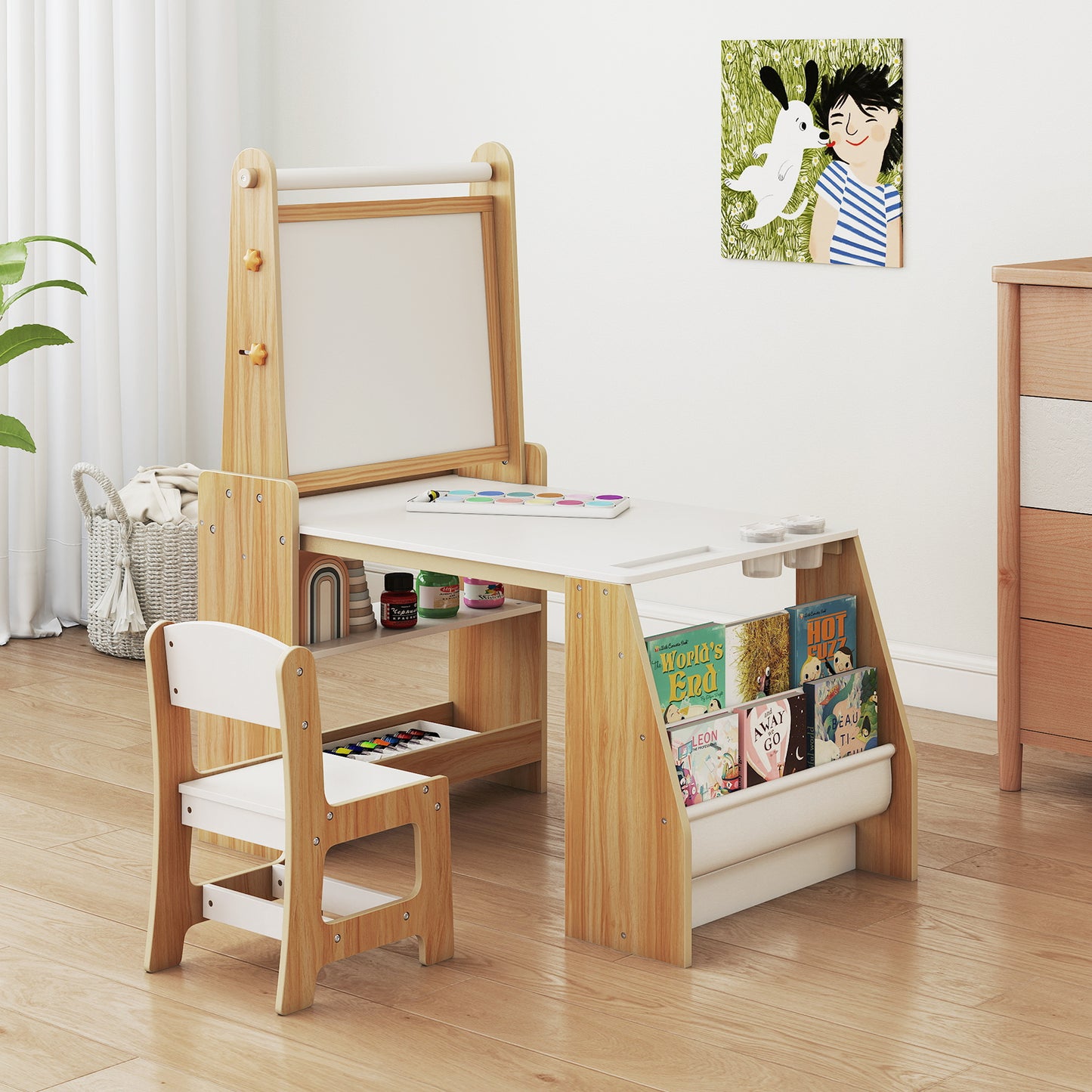 Kids Art Table and Chair Set with Easel and Storage