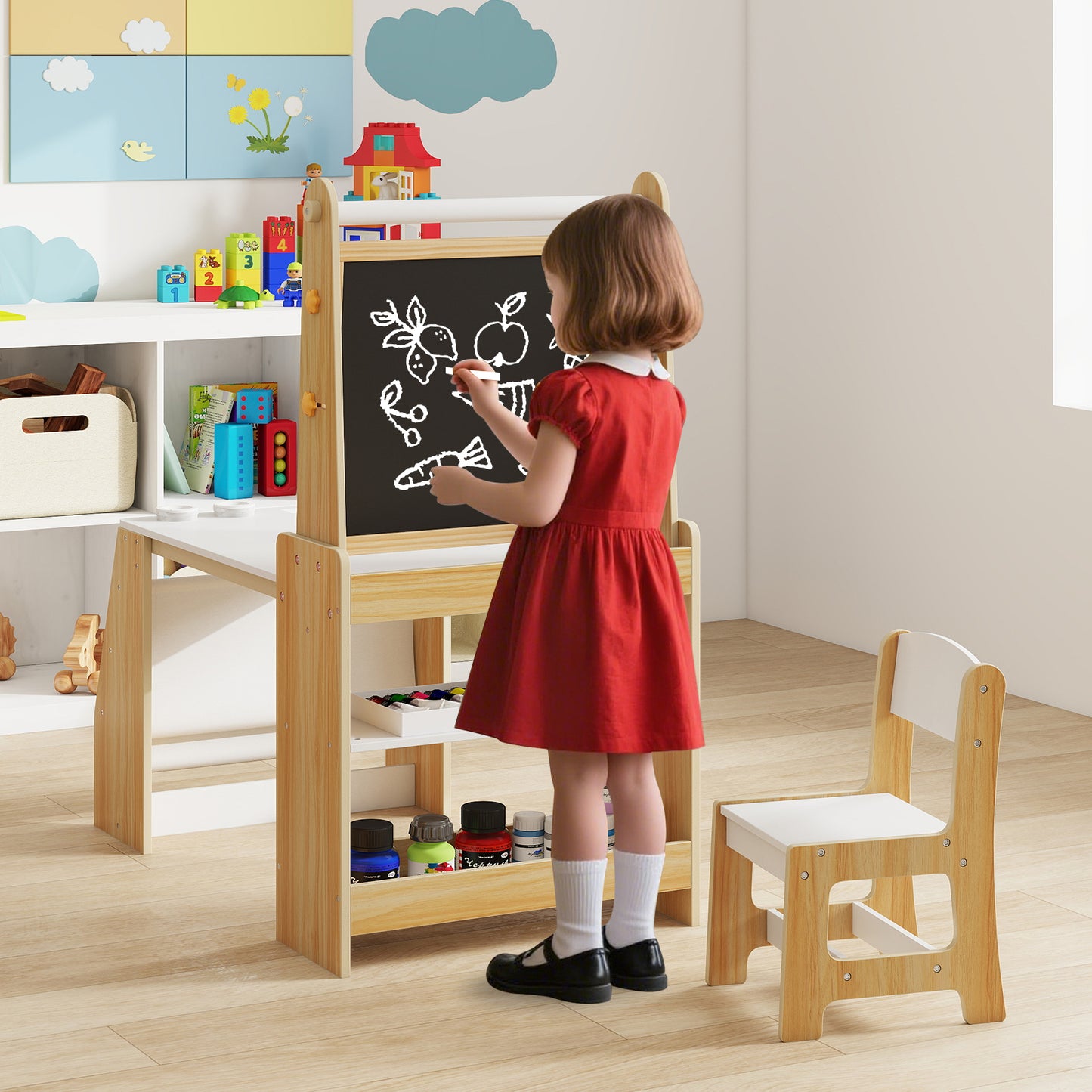 Kids Art Table and Chair Set with Easel and Storage