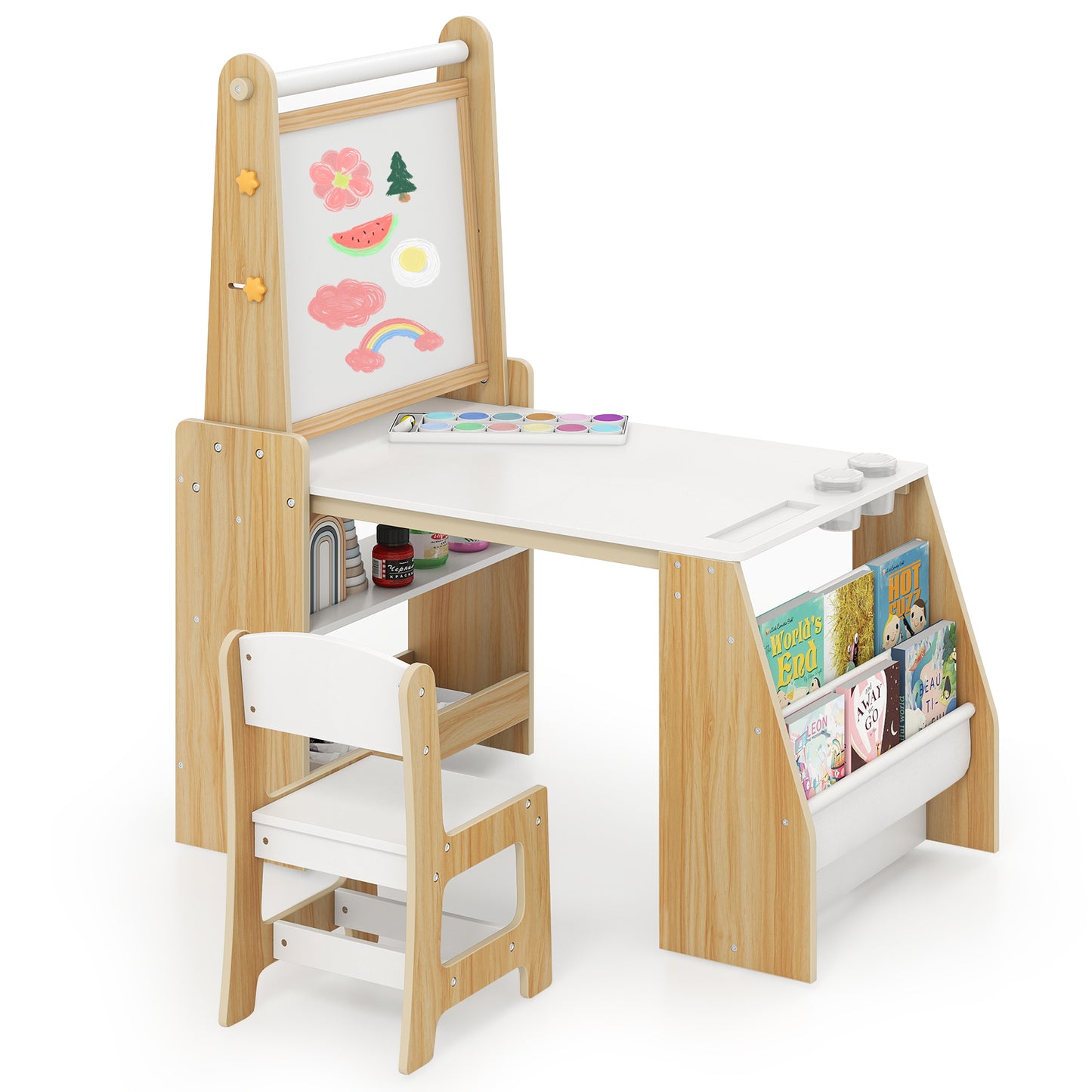 Kids Art Table and Chair Set with Easel and Storage
