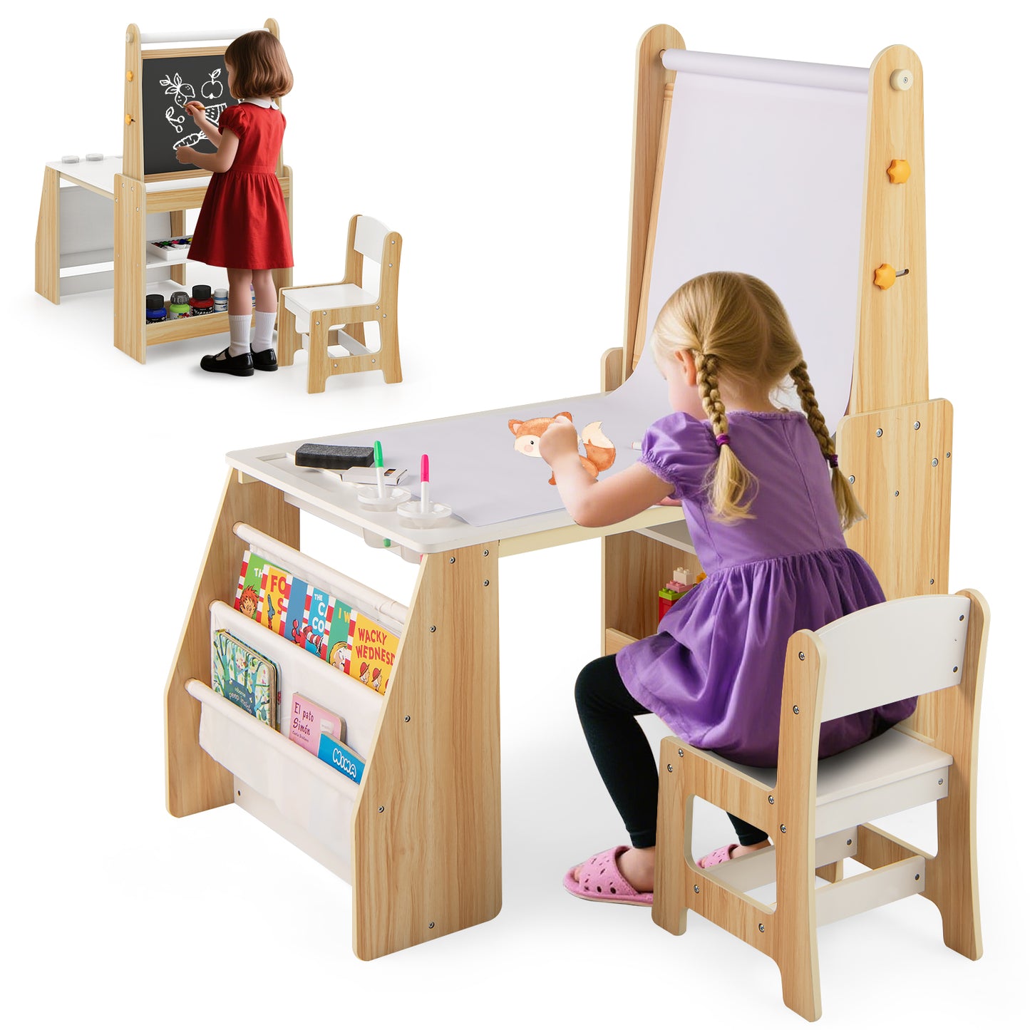 Kids Art Table and Chair Set with Easel and Storage