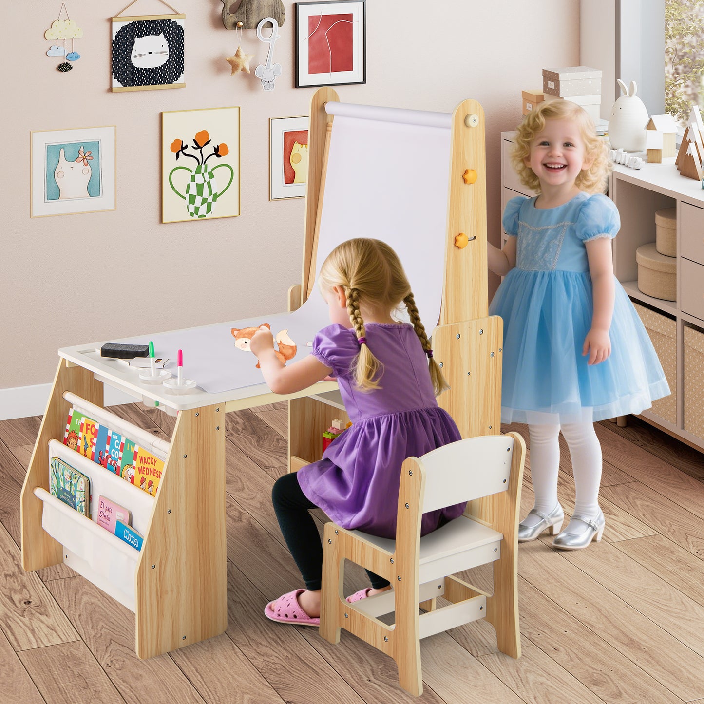 Kids Art Table and Chair Set with Easel and Storage