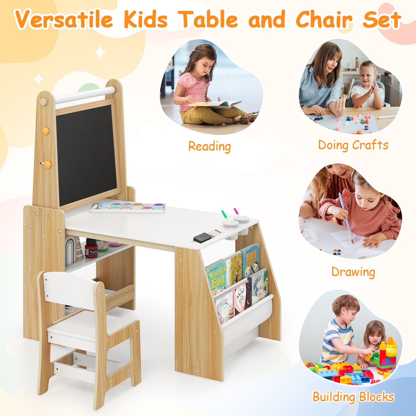 Kids Art Table and Chair Set with Easel and Storage