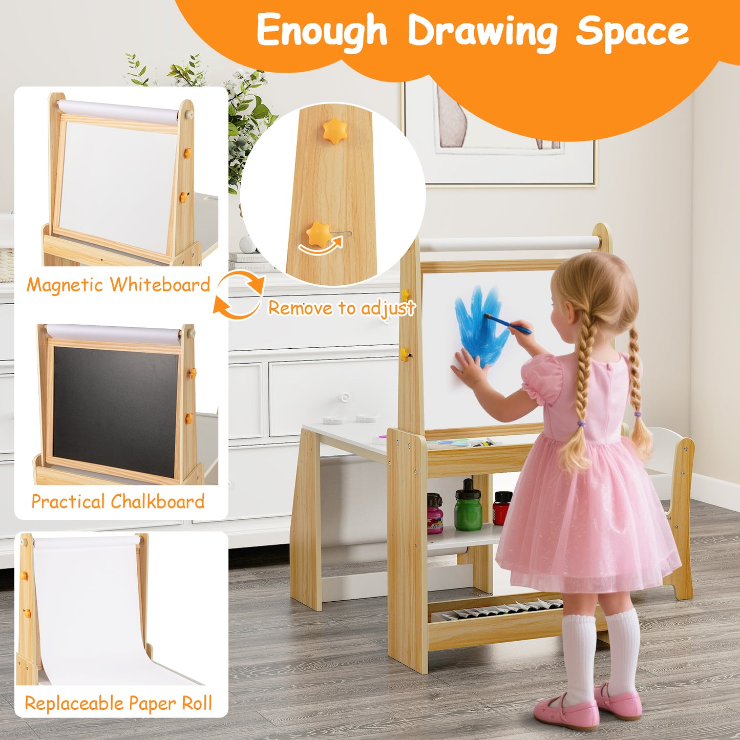 Kids Art Table and Chair Set with Easel and Storage