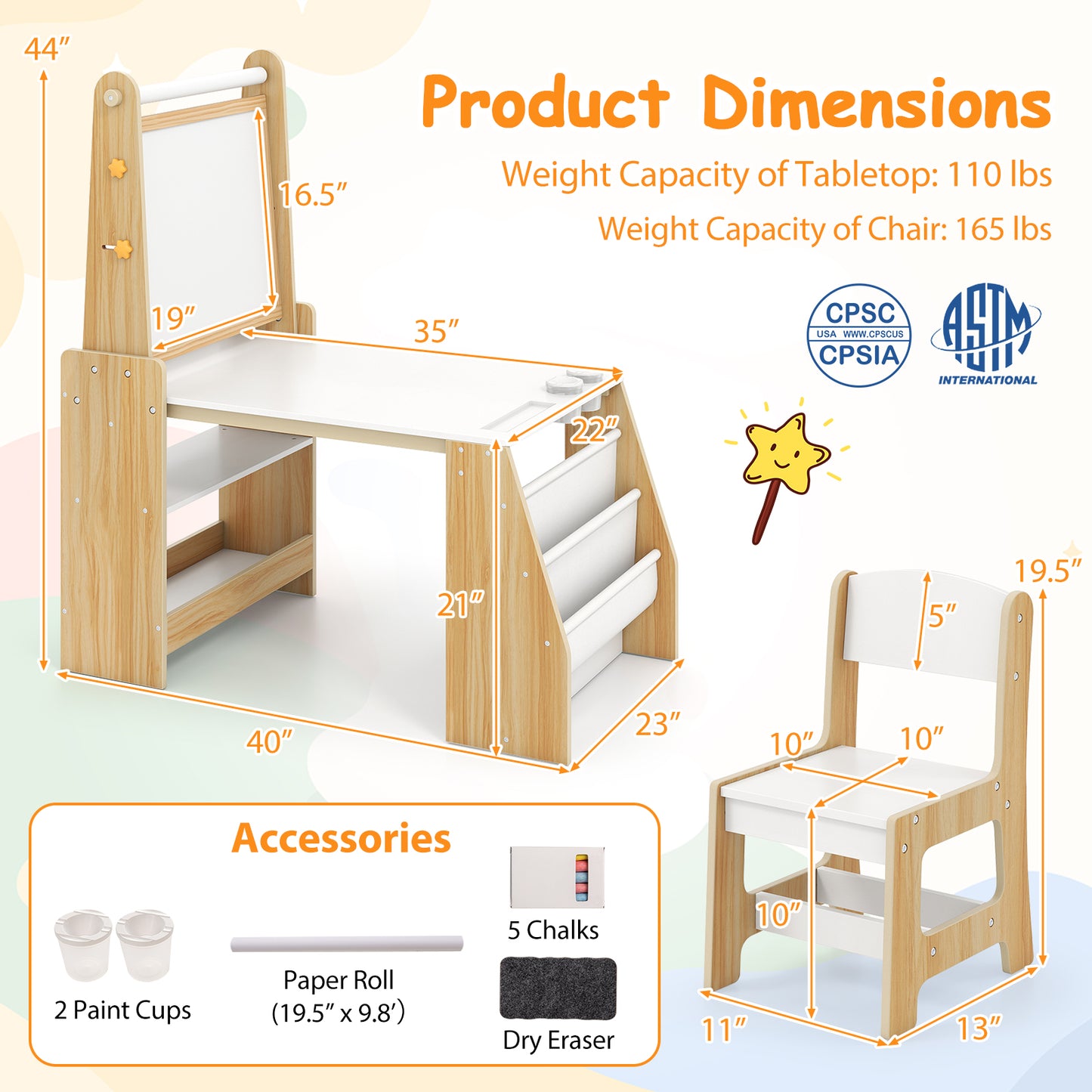 Kids Art Table and Chair Set with Easel and Storage