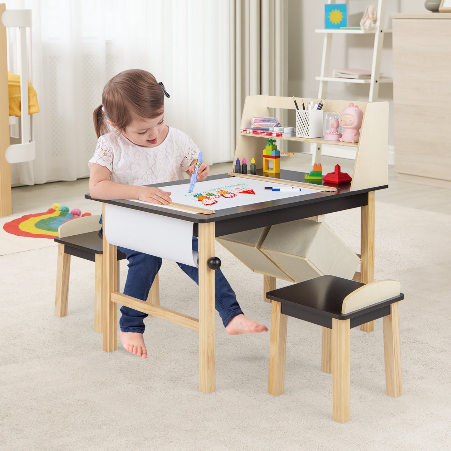 Kids Art Table and Chair Set with Paper Roll and Storage