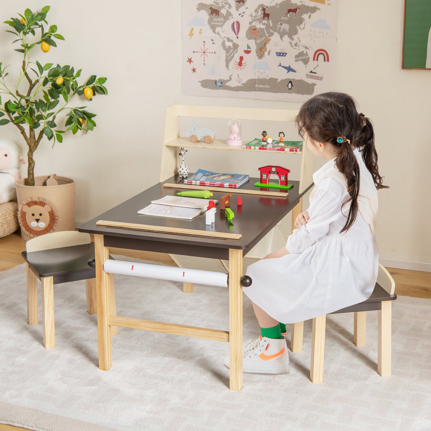 Kids Art Table and Chair Set with Paper Roll and Storage