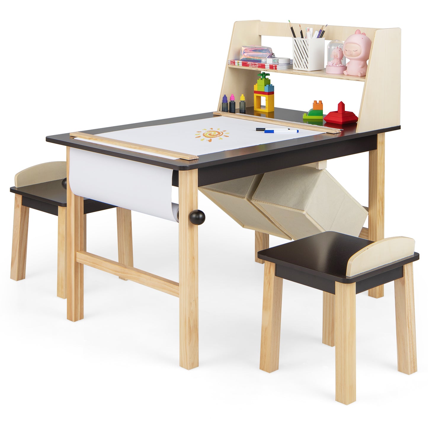 Kids Art Table and Chair Set with Paper Roll and Storage