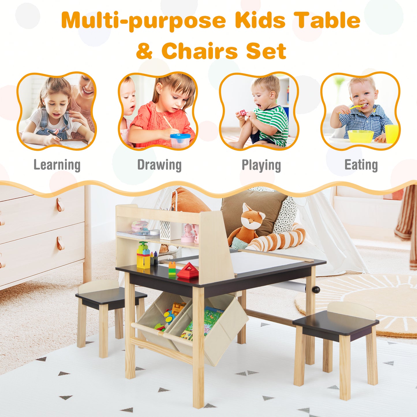 Kids Art Table and Chair Set with Paper Roll and Storage