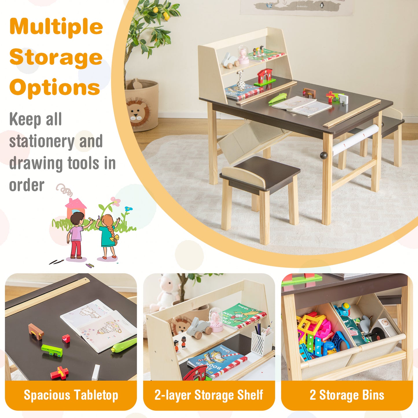 Kids Art Table and Chair Set with Paper Roll and Storage