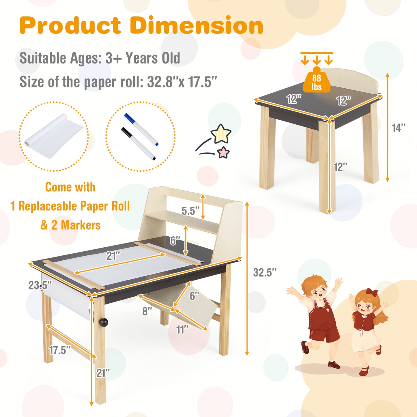 Kids Art Table and Chair Set with Paper Roll and Storage