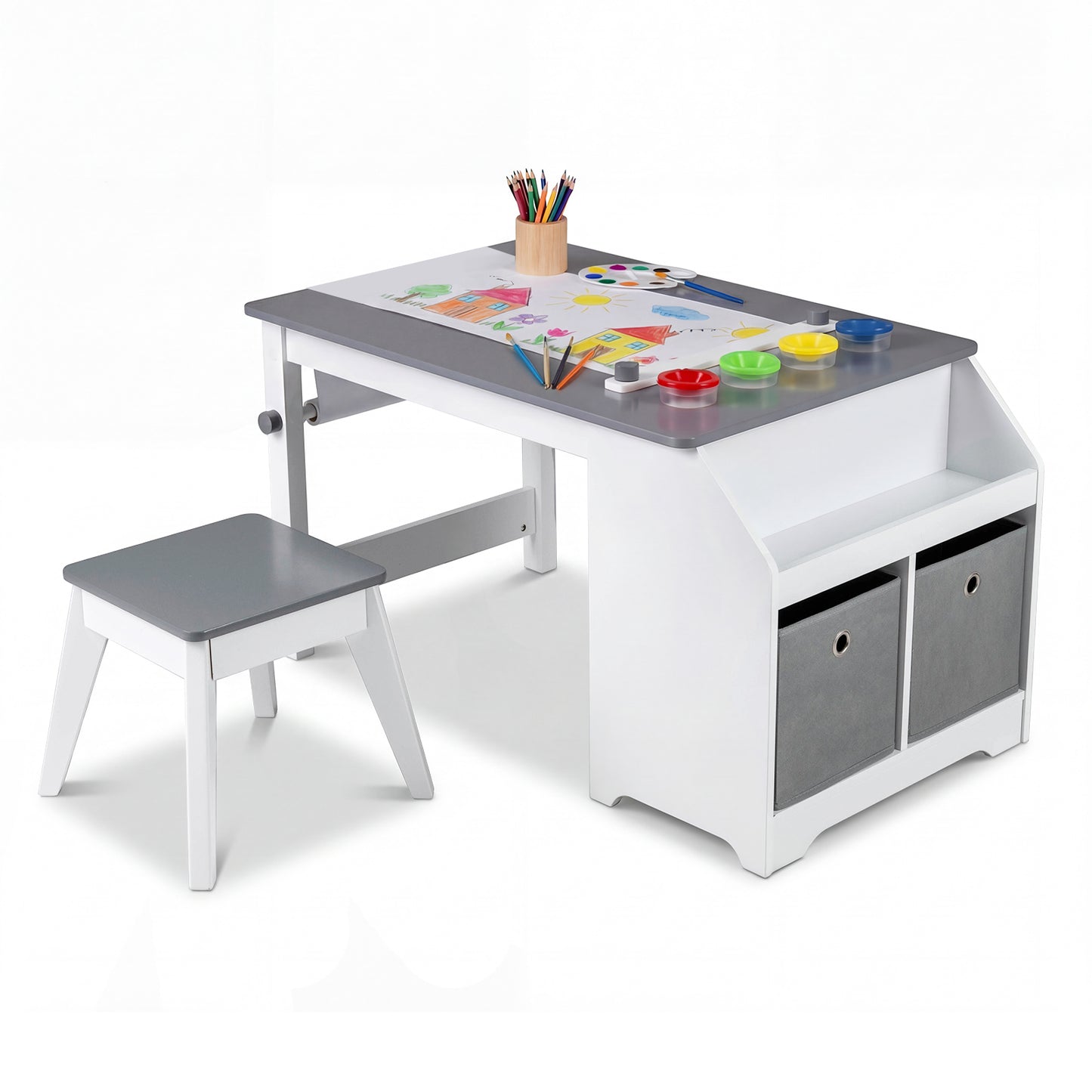 Kids Art Table and Stool Set with Paper Roll and Storage