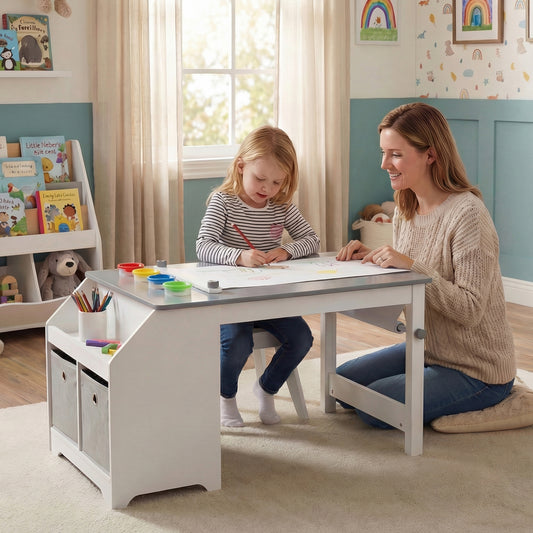 Kids Art Table and Stool Set with Paper Roll and Storage