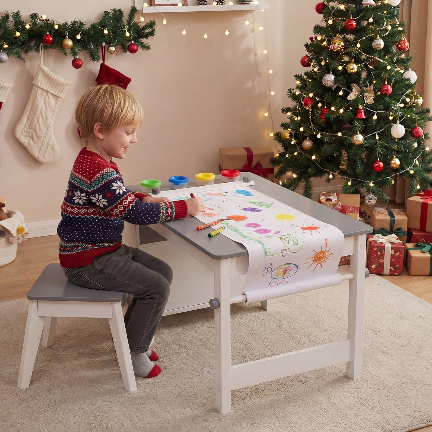 Kids Art Table and Stool Set with Paper Roll and Storage