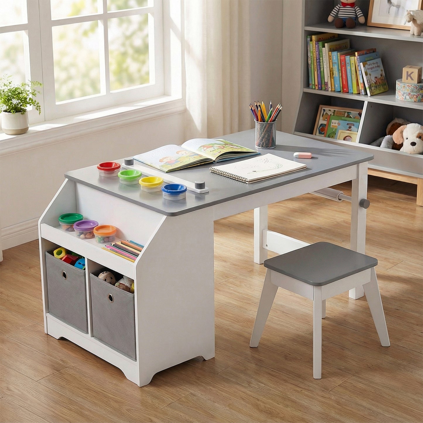 Kids Art Table and Stool Set with Paper Roll and Storage
