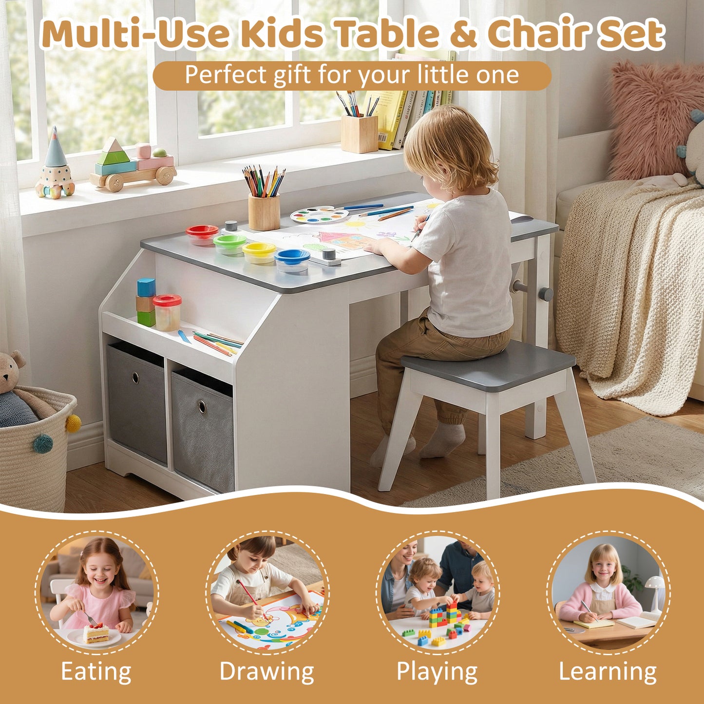 Kids Art Table and Stool Set with Paper Roll and Storage