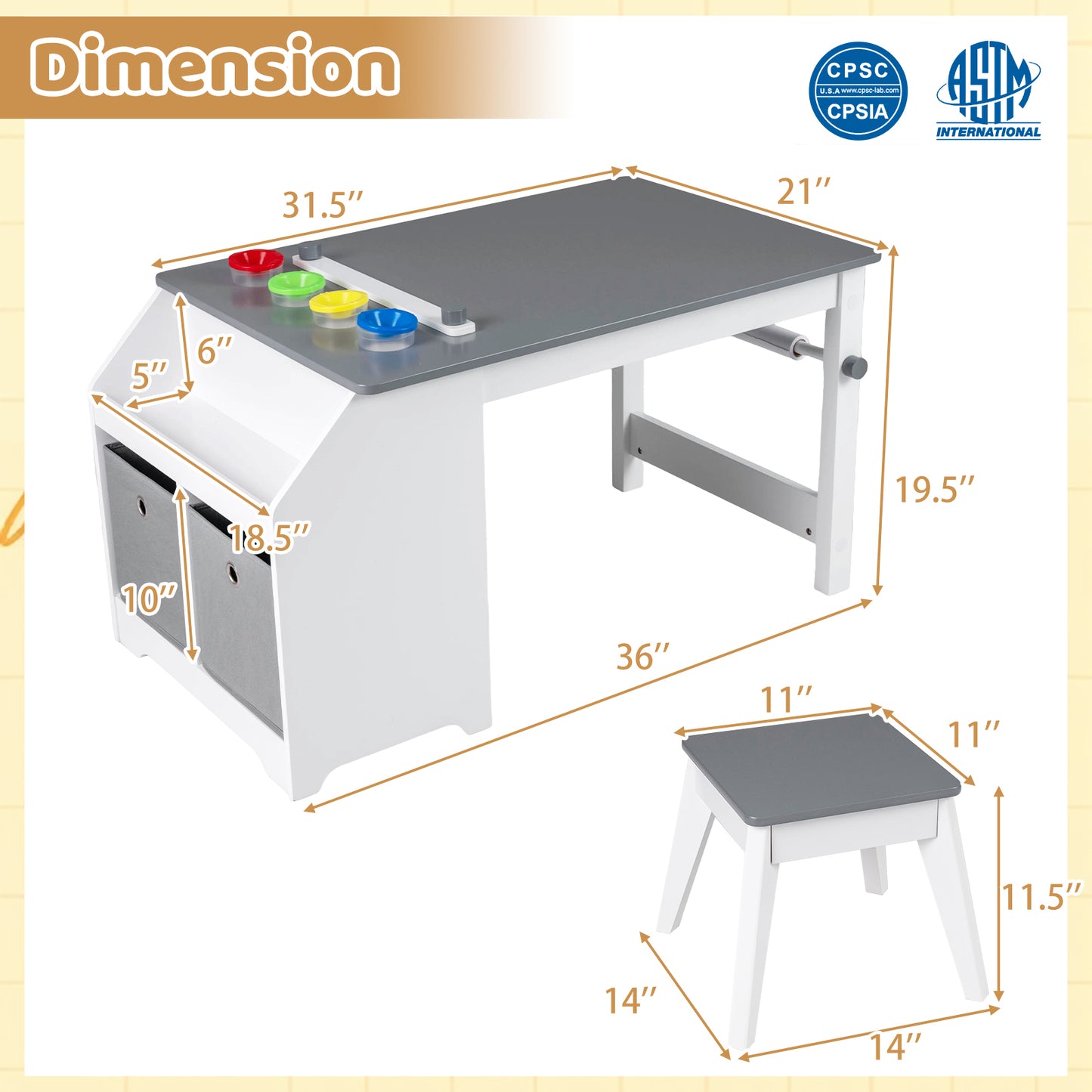 Kids Art Table and Stool Set with Paper Roll and Storage
