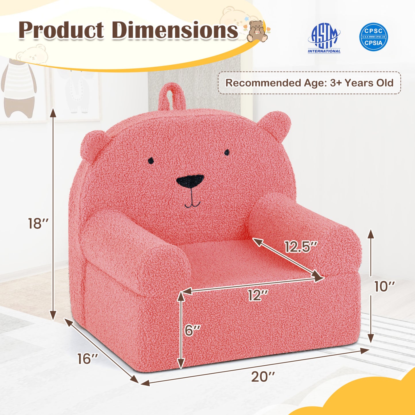 Kids Bear Sofa with Soft Fleece Fabric and Armrests