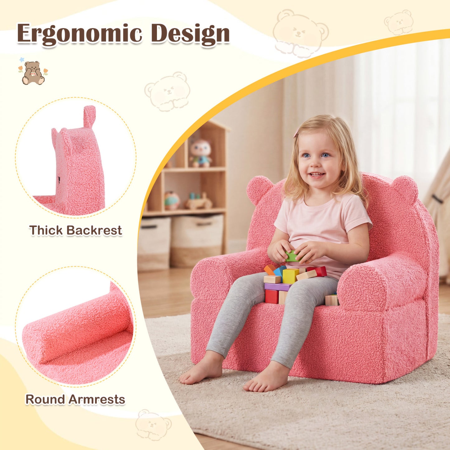 Kids Bear Sofa with Soft Fleece Fabric and Armrests