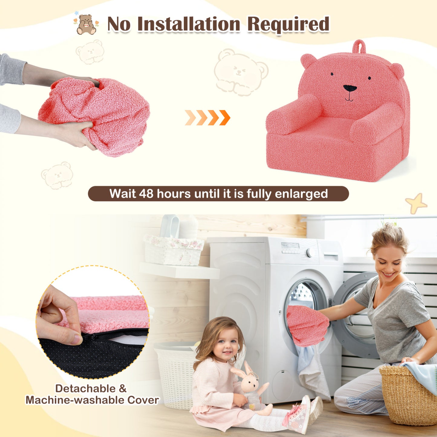 Kids Bear Sofa with Soft Fleece Fabric and Armrests