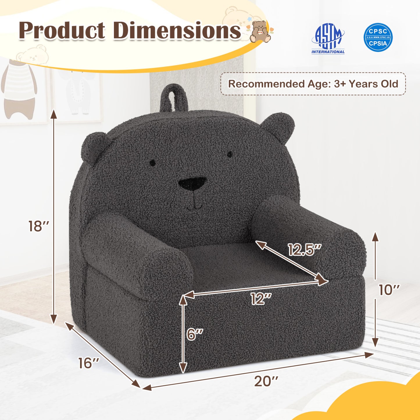 Kids Bear Sofa with Soft Fleece Fabric and Armrests