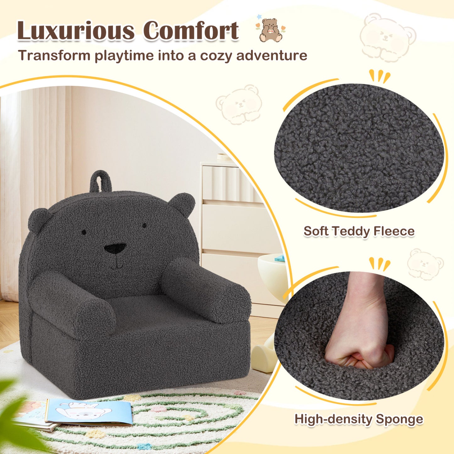 Kids Bear Sofa with Soft Fleece Fabric and Armrests