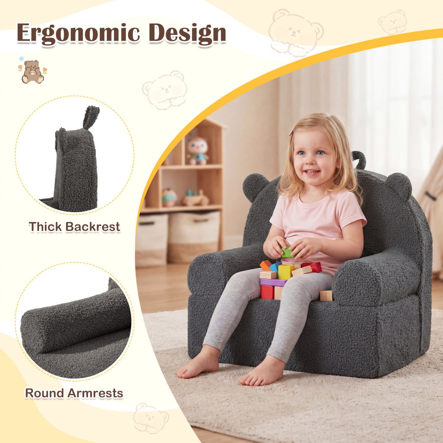 Kids Bear Sofa with Soft Fleece Fabric and Armrests