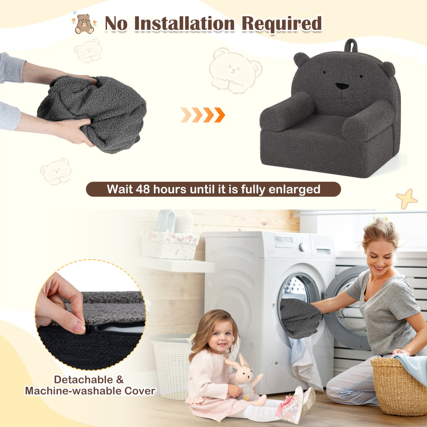 Kids Bear Sofa with Soft Fleece Fabric and Armrests