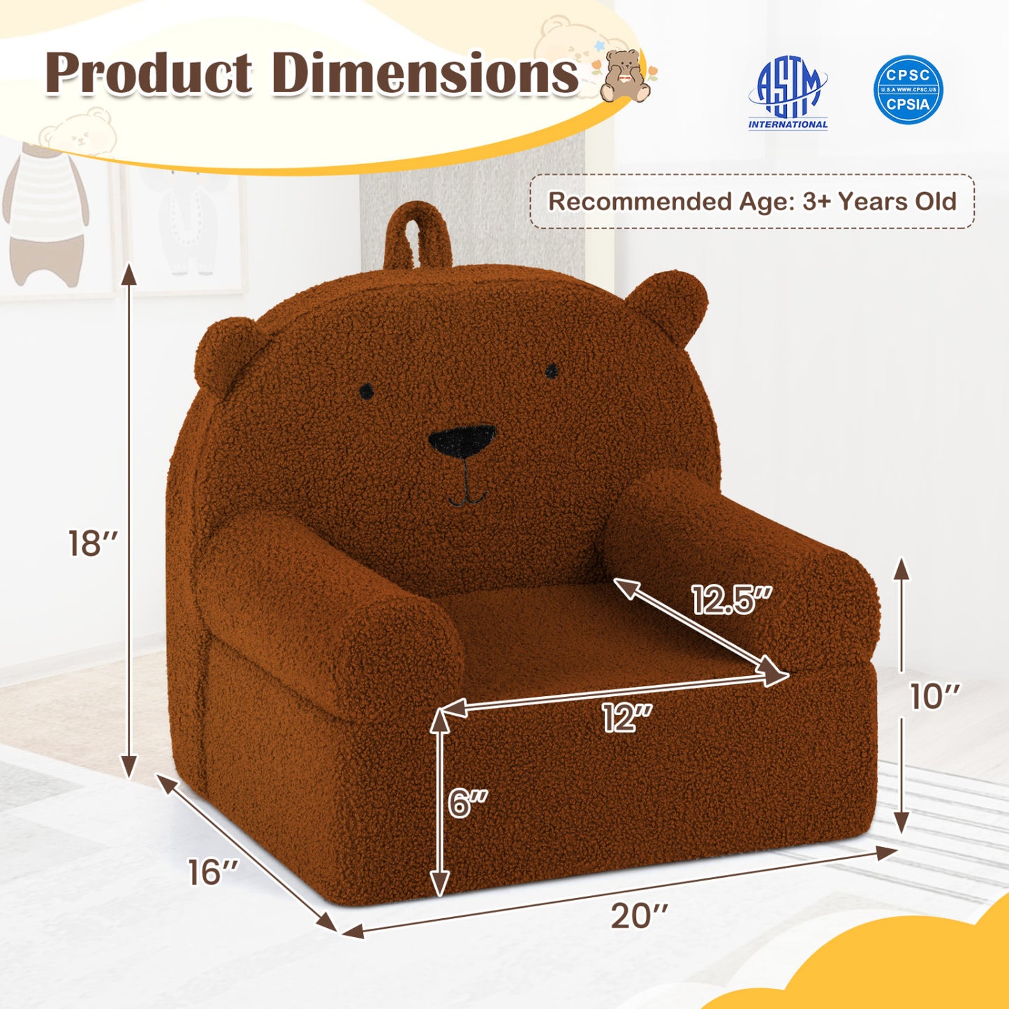 Kids Bear Sofa with Soft Fleece Fabric and Armrests