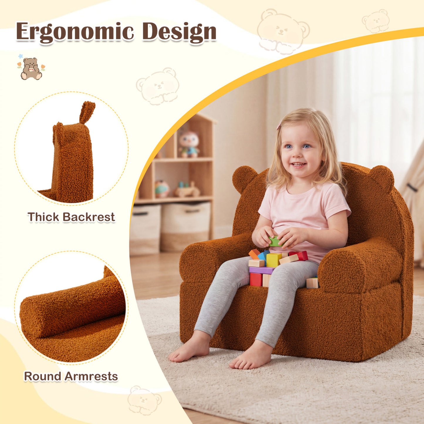Kids Bear Sofa with Soft Fleece Fabric and Armrests