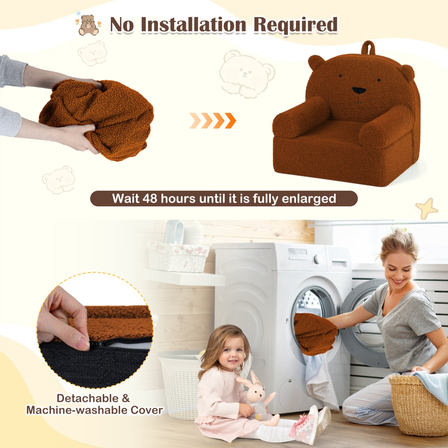 Kids Bear Sofa with Soft Fleece Fabric and Armrests